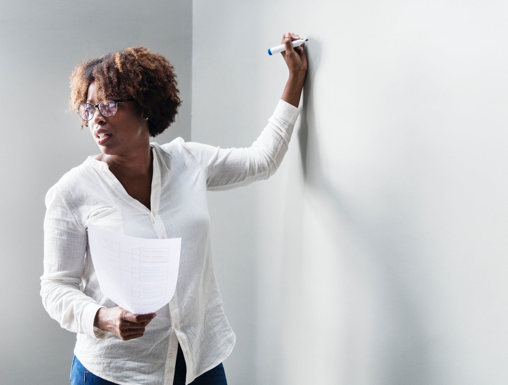 woman writing in white board