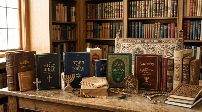 The Holy Bible, The Torah, The Qur'an, and The Babylonian Talmud books standing upright on a wooden table