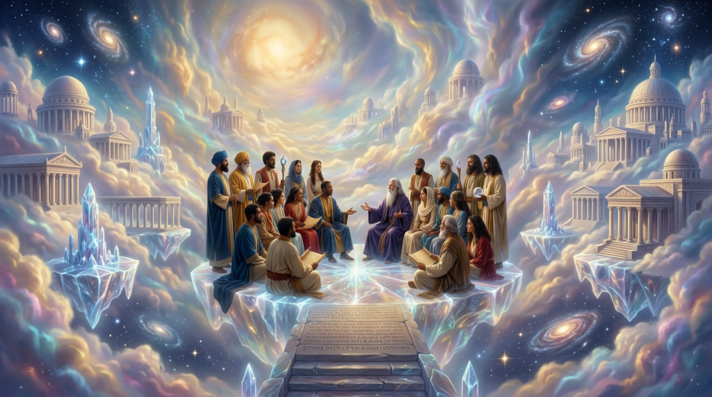 Group of diverse sages seated on glowing cloud-like platform with celestial temples above them