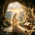 Woman kneeling and praying with cross and rosary inside cave