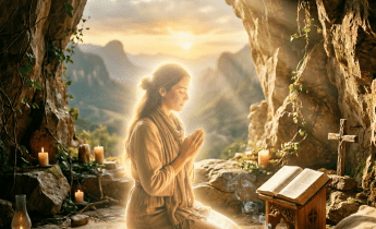 Woman kneeling and praying with cross and rosary inside cave