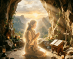 Woman kneeling and praying with cross and rosary inside cave