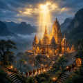 Ancient temple illuminated by sunrays with monks walking along paths