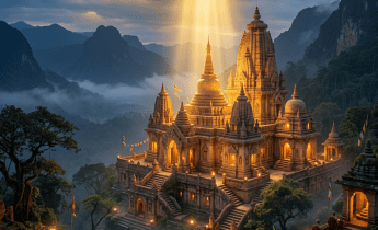 Ancient temple illuminated by sunrays with monks walking along paths