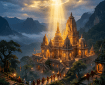 Ancient temple illuminated by sunrays with monks walking along paths