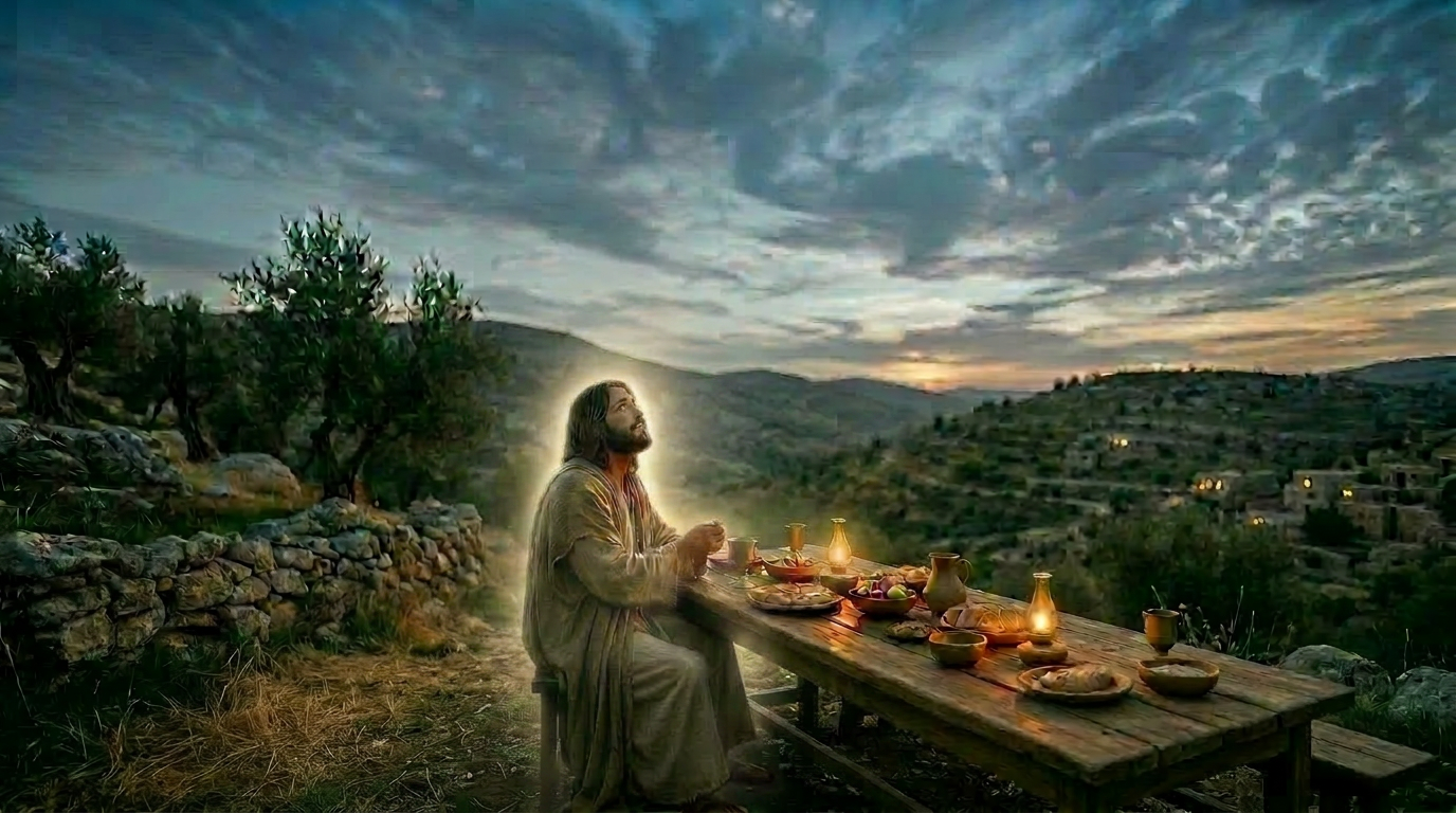 Man kneeling and praying outdoors during sunset with mountains in background