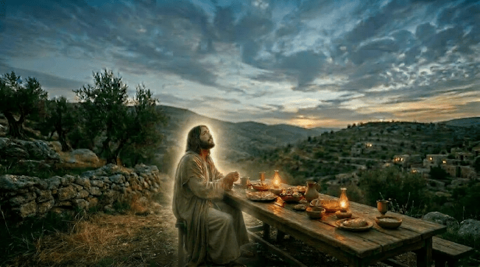 Man kneeling and praying outdoors during sunset with mountains in background