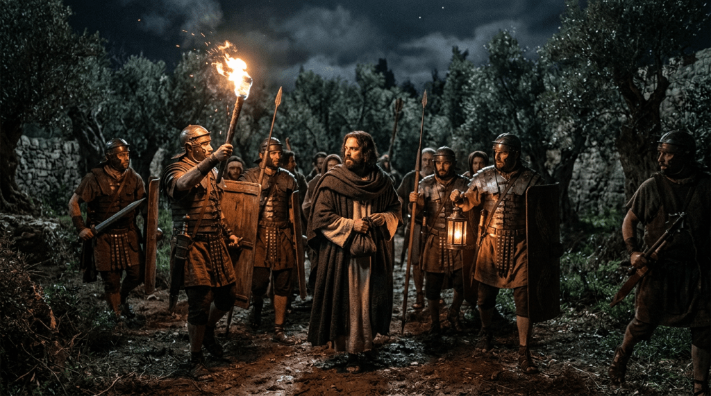 Roman soldiers holding torches and spears surrounding a bearded man in robes at night