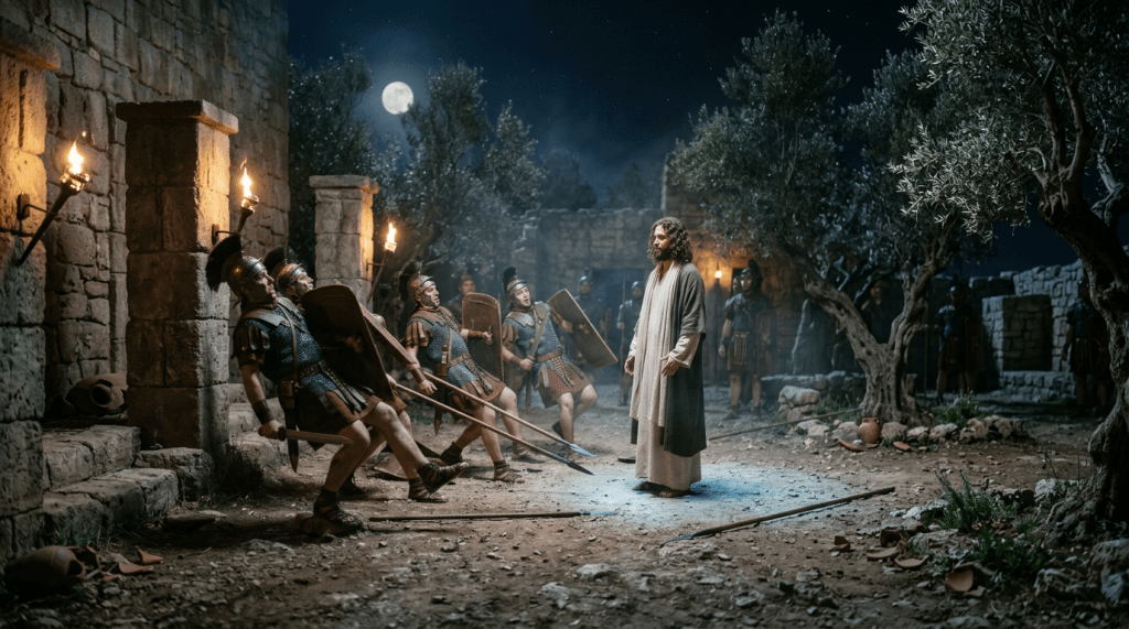 Jesus facing Roman soldiers recoiling with shields and spears at night