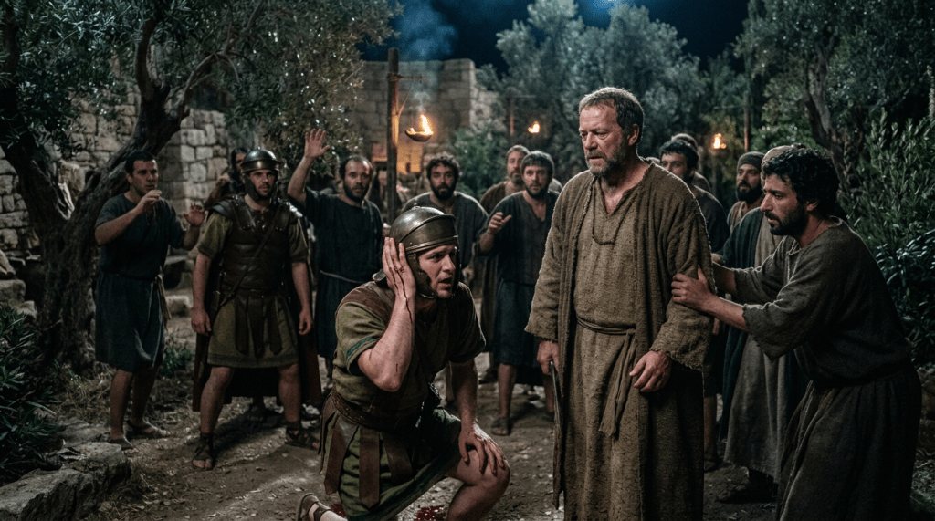 Man stabbing a soldier in ancient attire surrounded by shocked onlookers at night