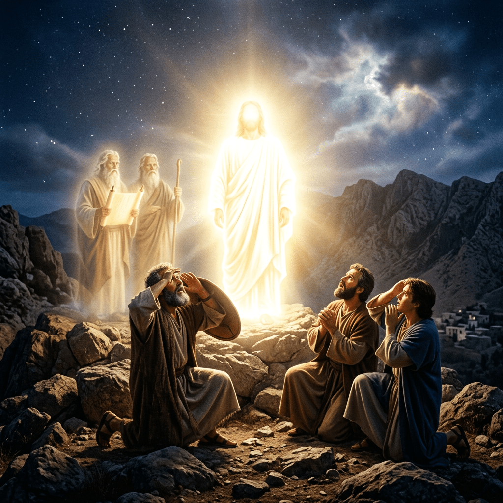 Radiant Jesus appears before three kneeling disciples, with Moses and Elijah behind him